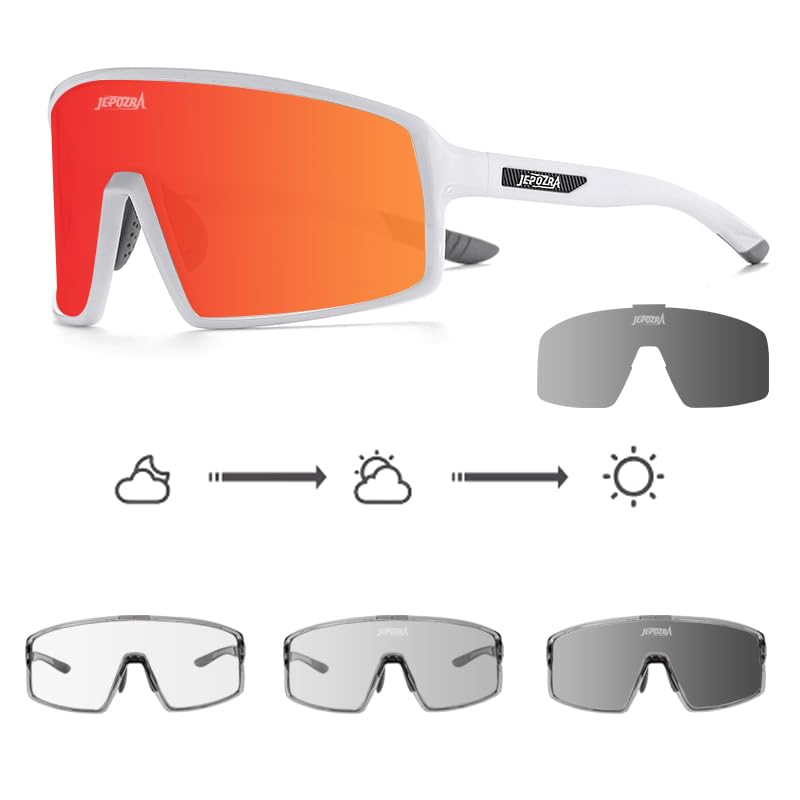 JEPOZRA Photochromic Cycling Glasses Sunglasses Uv400 Polarized Sports Cycling Glasses Interchangeable Lenses (White)