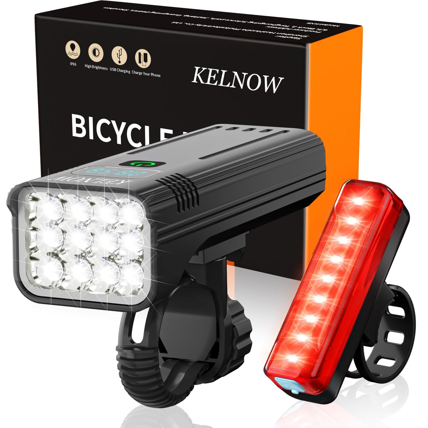 KELNOW Bike Lights for Night Riding 12 LED 60H Runtime Super Bright Aluminum Bicycle Light Front and 40H Runtime Taillight IPX6 USB Rechargeable LED Headlight Rear Light Adult