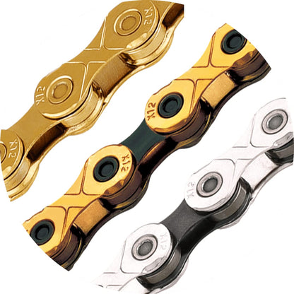 KMC X12 Chain 12-Speed | Mountain Bike/Road/Gravel |Shimano SRAM Campagnolo Compatible | 126 Links Missing Link Included | TI Gold/Black