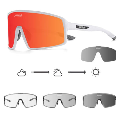 JEPOZRA Photochromic Cycling Glasses Sunglasses Uv400 Polarized Sports Cycling Glasses Interchangeable Lenses (White)