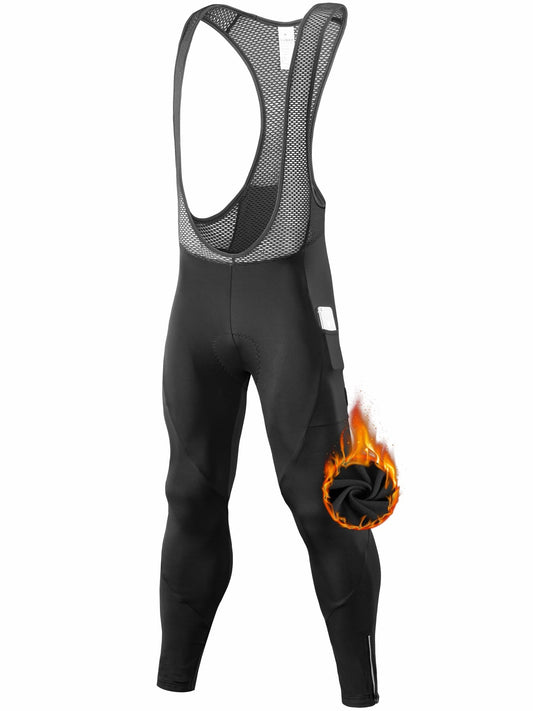 qualidyne Mens Winter Cycling Bib Pants 4D Padded Thermal Water Resistant Bike Tights Cold Weather Warm Pockets