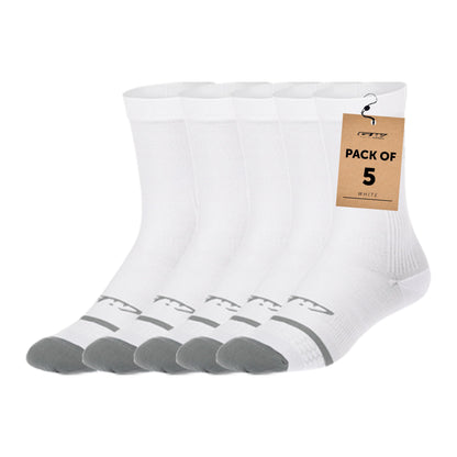 GW BICYCLES Cycling Socks Pack of 5 (7”) Length Biking Socks Firm Compression Fit Breathable Quick Dry with Reinforced Heel and Toe One Size - White