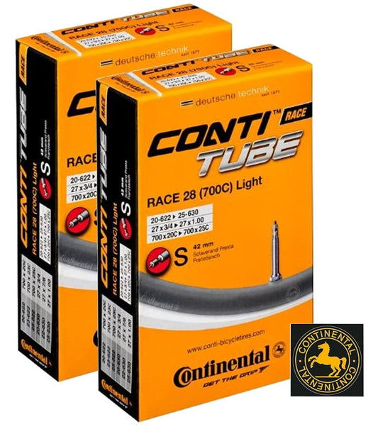 Continental Race 28"" LIGHT 700x20-25c Inner Tubes - 42mm Presta Valve (Pack of 2 Tubes w/Conti Sticker) Black