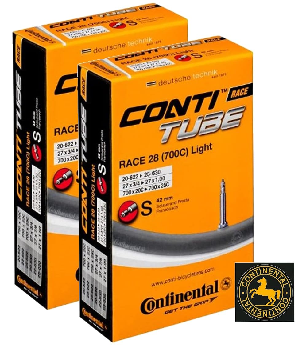 Continental Race 28"" LIGHT 700x20-25c Inner Tubes - 42mm Presta Valve (Pack of 2 Tubes w/Conti Sticker) Black
